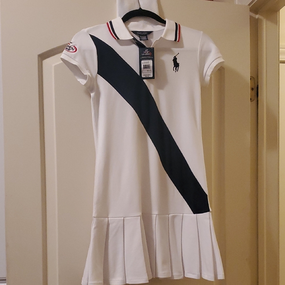 Ralph Lauren White Polo Dress with Navy Diagonal Stripe